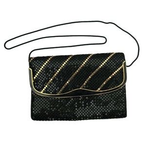 Rebecca Lynn Womens Evening Purse Black Gold Sequin Shoulder Strap 9"x6"